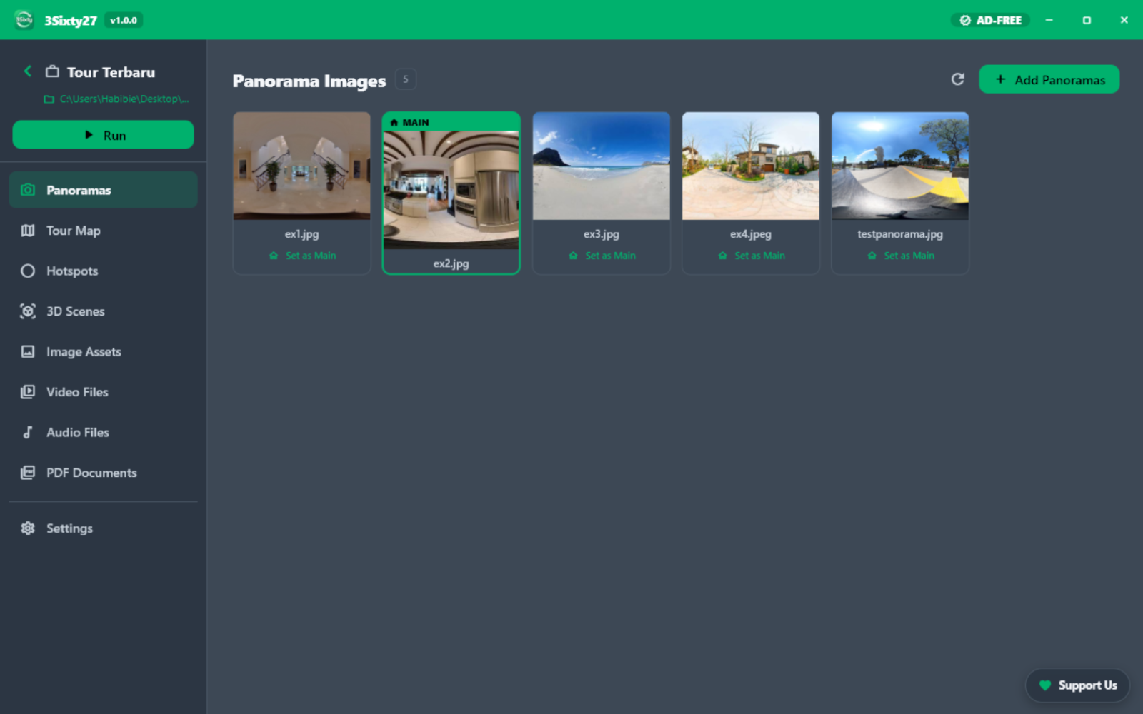 3Sixty Studio tour editor on desktop, with the section sidebar on the left and a panorama with hotspots
